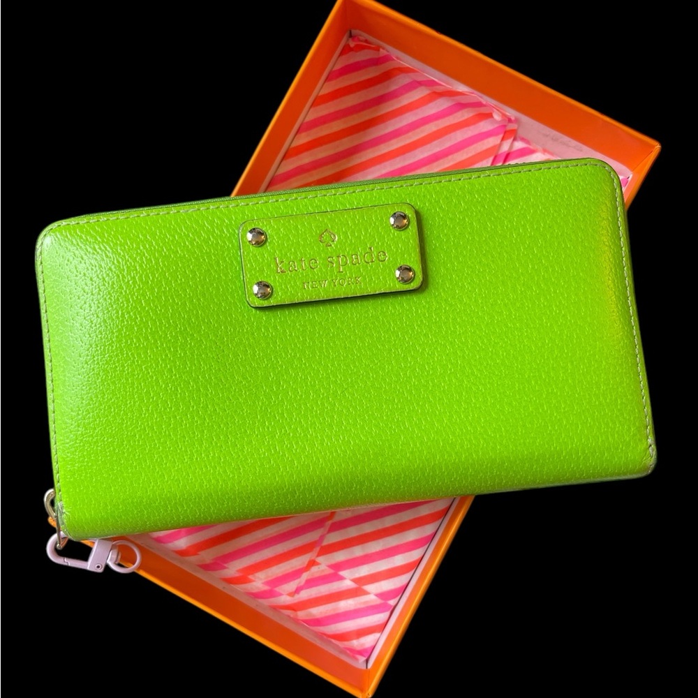 Kate Spade Neon Lime Green Zip Wallet & Neon Pink, Orange and Gold KS Box - Picture 2 of 16
